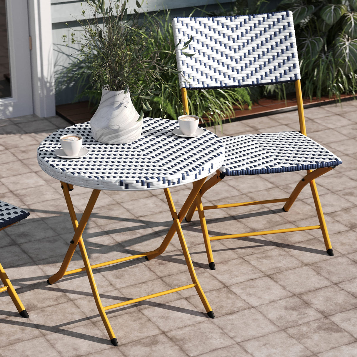 EMMA + OLIVER Ciel Three Piece Folding Bistro Set - Navy and White PE Rattan - Natural Finish Metal Frames - Indoor/Outdoor Use EMMA + OLIVER