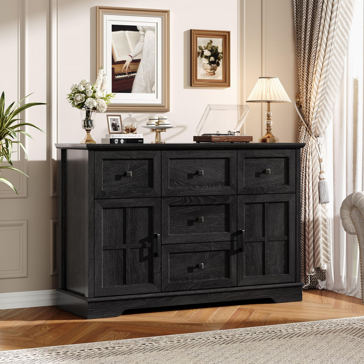 HDDDZSW Farmhouse Sideboard Buffet Cabinet with Storage, 47.3" Large Sideboard Cabinet with 5 Drawers & 2 Doors, Wood Coffee Bar Table for Kitchen, Living Room (Black) HDDDZSW