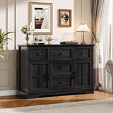 HDDDZSW Farmhouse Sideboard Buffet Cabinet with Storage, 47.3" Large Sideboard Cabinet with 5 Drawers & 2 Doors, Wood Coffee Bar Table for Kitchen, Living Room (Black) HDDDZSW