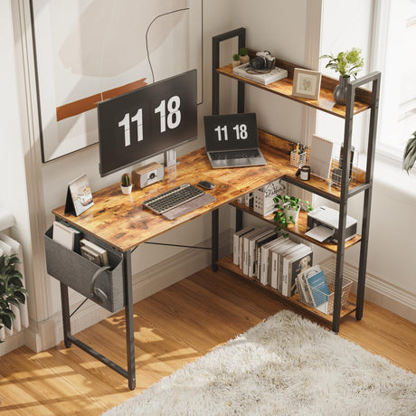 Treesland 47 Inch L-Shaped Computer Desk with Bookshelf and Storage - Brown Treesland