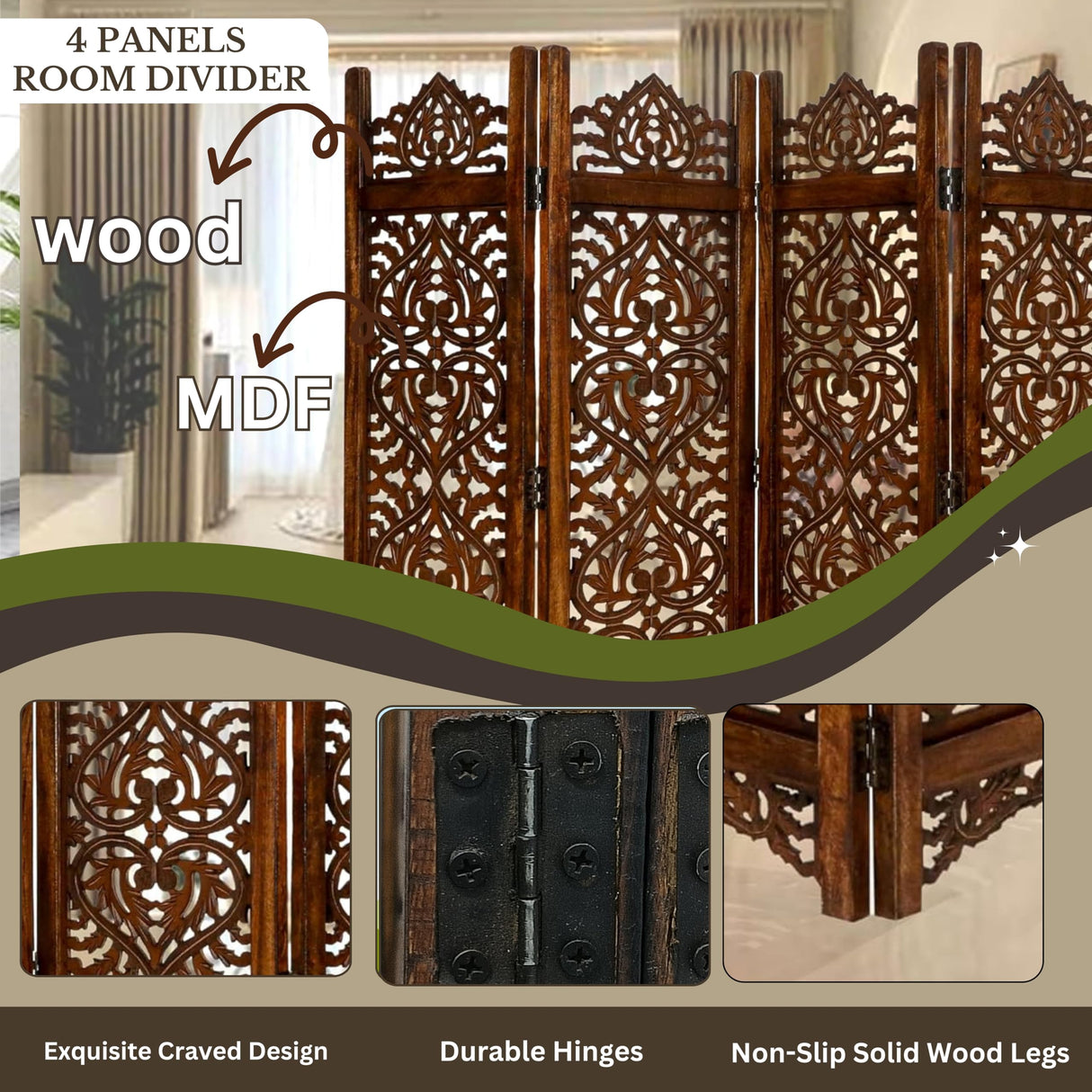 Light & Pro Wood Heart Design Handmade Hinged Foldable Partition 4 Panel Room Divider Screen with Intricately Carved Designs, Pre Assembled - Ready to Use - 48" x 1" x 64", Burnt Light & Pro