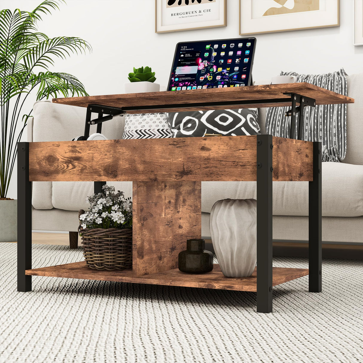 HOMERECOMMEND Lift Top Coffee Table with Storage Shelf and Hidden Compartments,Coffee Tables for for Living Room,Rustic Brown Lift Top Coffee Table HOMERECOMMEND