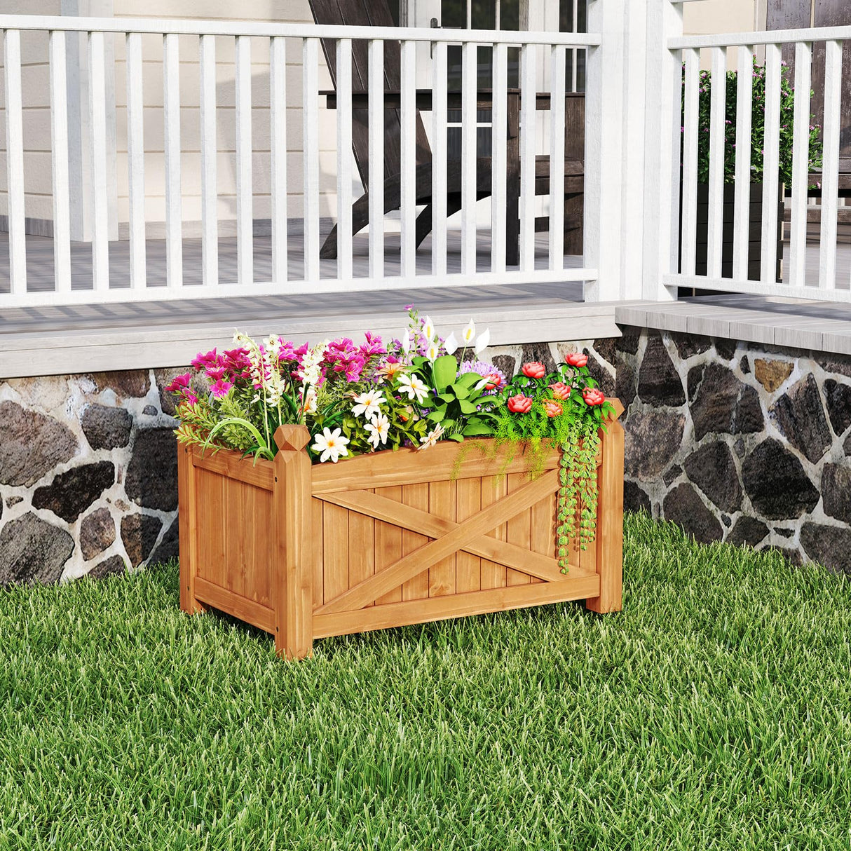 HAPPYGRILL Wooden Raised Garden Bed, Solid Wood Gardening Plant Container w/Drainage Holes for Flower Vegetable Fruit, Outdoor Elevated Planter Box for Patio Garden Yard Balcony (25”x 16”x 15”) HAPPYGRILL
