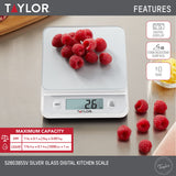 Taylor Glass Top Food Scale with Touch Controls, 11 lb Capacity, Sleek Silver Design, Accurate and Easy-to-Use Scale for Cooking and Baking Taylor