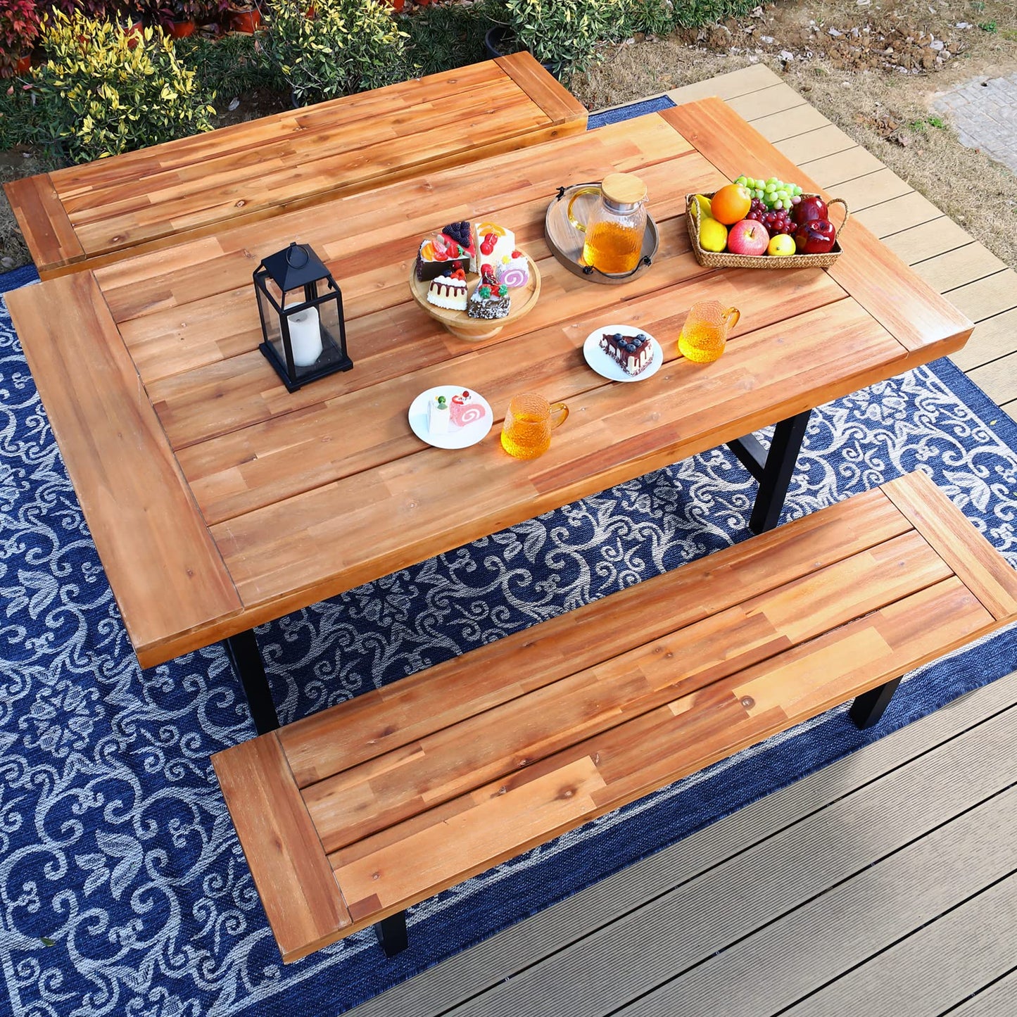 Outdoor Patio Dining set with Bench for 4, 3 Pieces Patio Outdoor Table Set Clearance for Backyard Deck Porch Outside, Acacia Wood Table and Benches Teak, Oil Finished & Spray Painted - WoodArtSupply