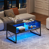 Glass Coffee Table with Storage, Grey Mid Century Modern Coffee Table for Living Room, Smart Led Light Wood Coffee Table HWB