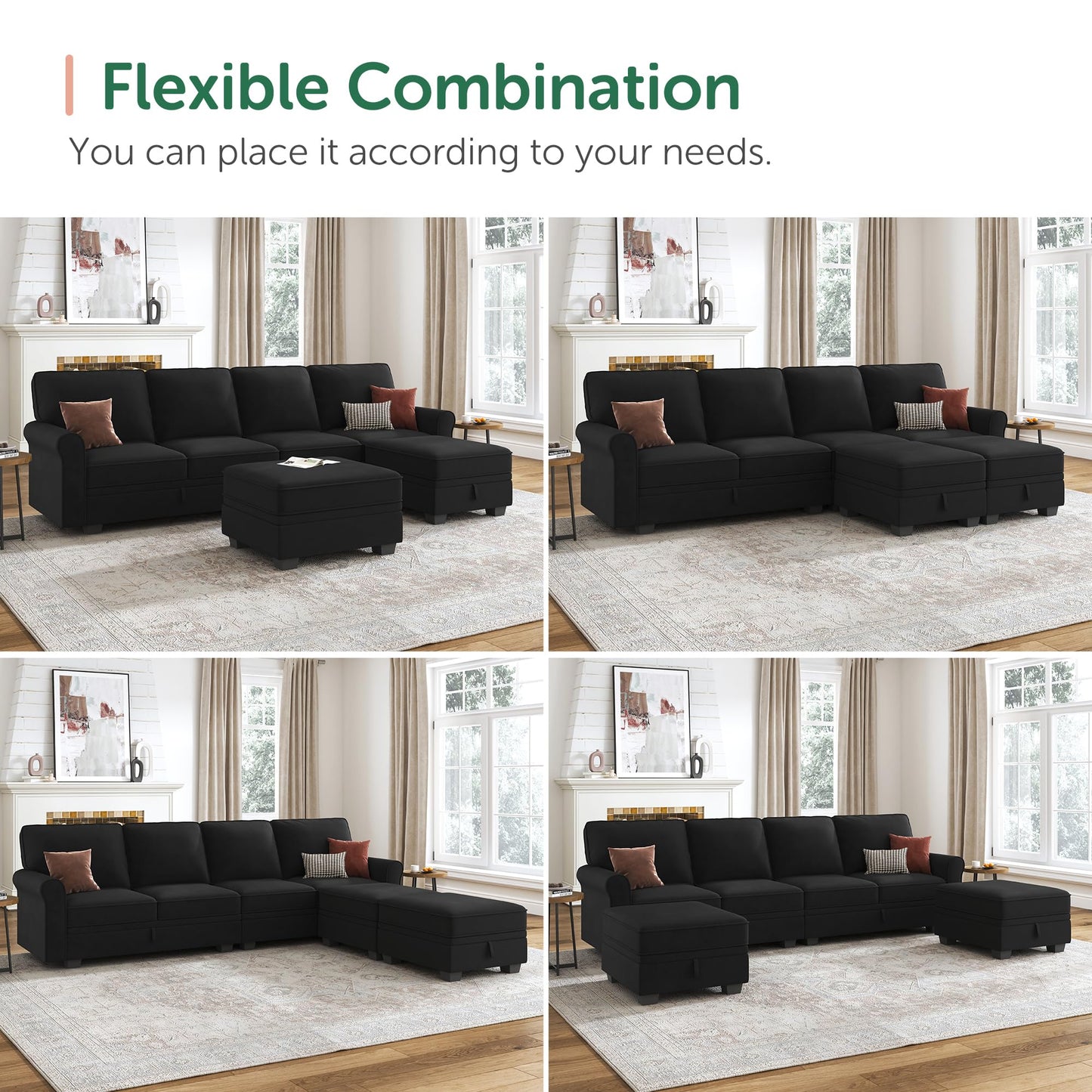 HONBAY Sectional Sofa with Storage Seat Velvet U Shaped Sectional Couch with Reversible Chaise Convertible Sectional Couches for Living Room,Black