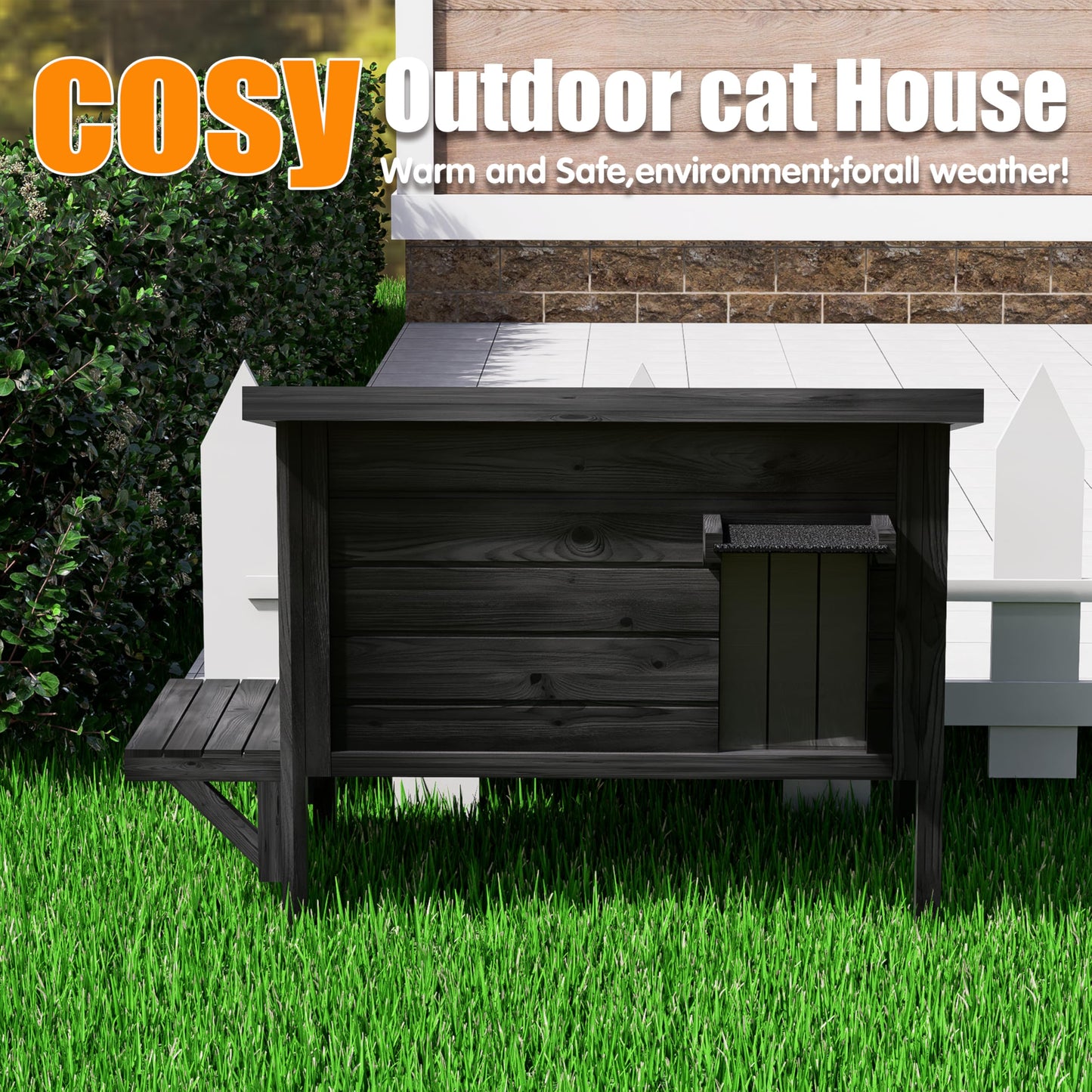 Black Outdoor Cat House Weatherproof Feral Cat Enclosure with Ice Pad for Summer, 100% Insulated All-Round Foam, Wood Large Feral Cat House for Multiple Cats 34.25" L*21.65" W*24.78" H