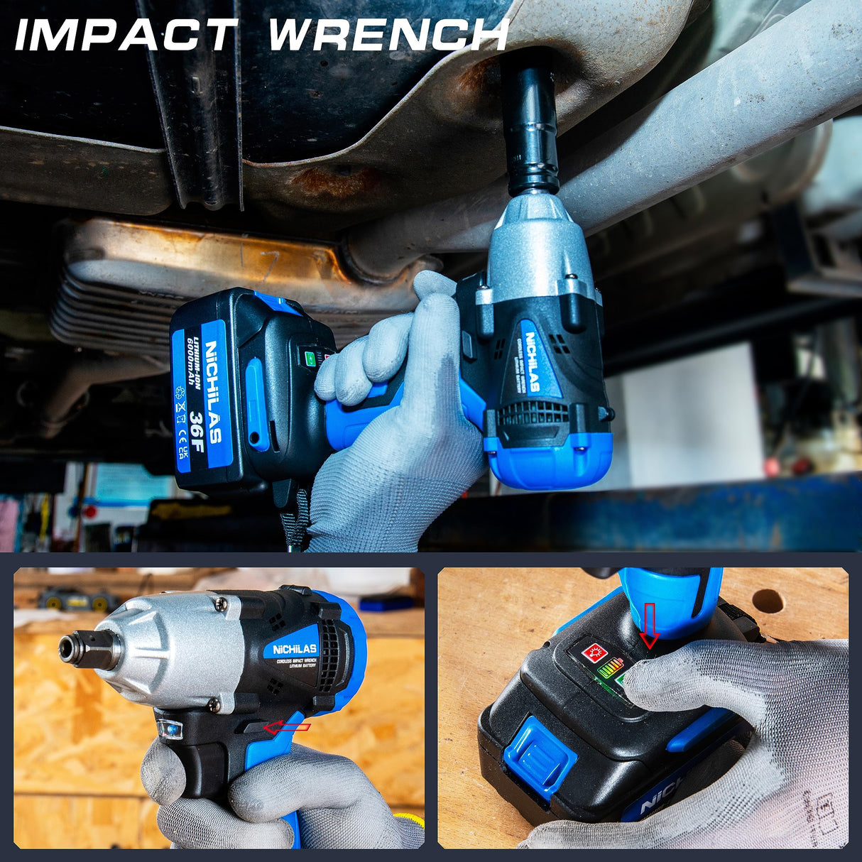Nichilas Cordless Impact Wrench, 2 IN 1 Screwdriver Head, 21V electric power wrench, 420Nm High Torque, 4 Pole Motor, Include Battery & Charger & Carrying Plastic Box Nichilas