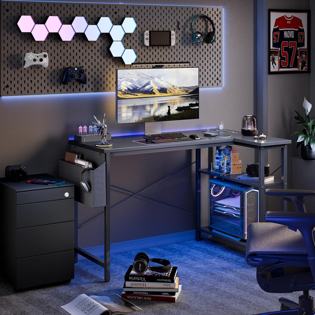 TIQLAB L Shaped Computer Desk with Power Outlets, 55 Inch Small Corner Desk with Reversible Shelves, Gaming Desk Computer Table Study Writing Table for Home Office Bedroom Small Space, Black TIQLAB