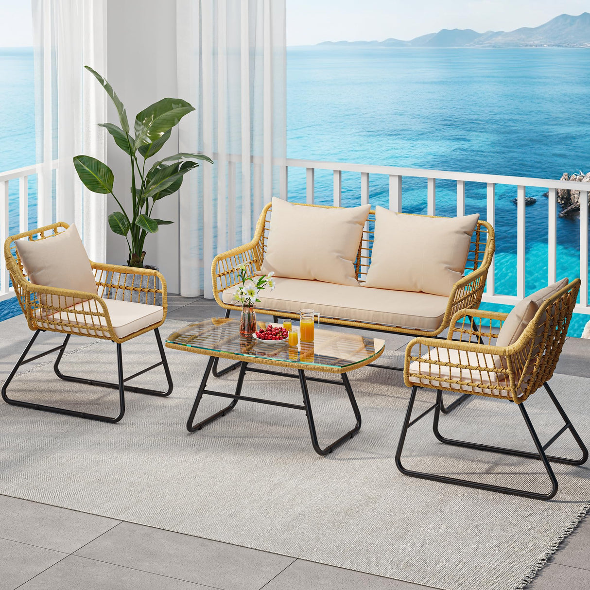 YITAHOME 4-Piece Patio Furniture Wicker Outdoor Bistro Set, All Weather Rattan Loveseat Conversation Sets with Soft Cushions and Glass Side Table for Backyard, Balcony and Deck, Light Brown+Beige YITAHOME