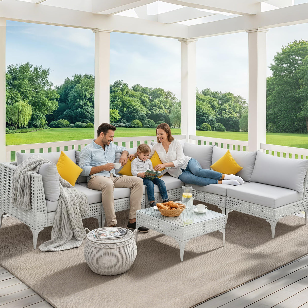 NICESOUL 7 Pieces 25.6" Deep Seat Patio Conversation Sets, White Open Weave Rattan Durable Patio Sectional Sofa, Weather Resistant Outdoor Seating Set for Backyard Terrace Porch, Light Grey NICESOUL