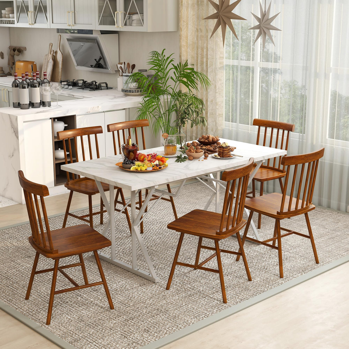 HOMCOM Windsor Dining Chairs Set of 4, Farmhouse Wooden Kitchen Chairs with Rubber Wood Frame and Spindle Backrest for Dining Room, Living Room, Light Brown HOMCOM