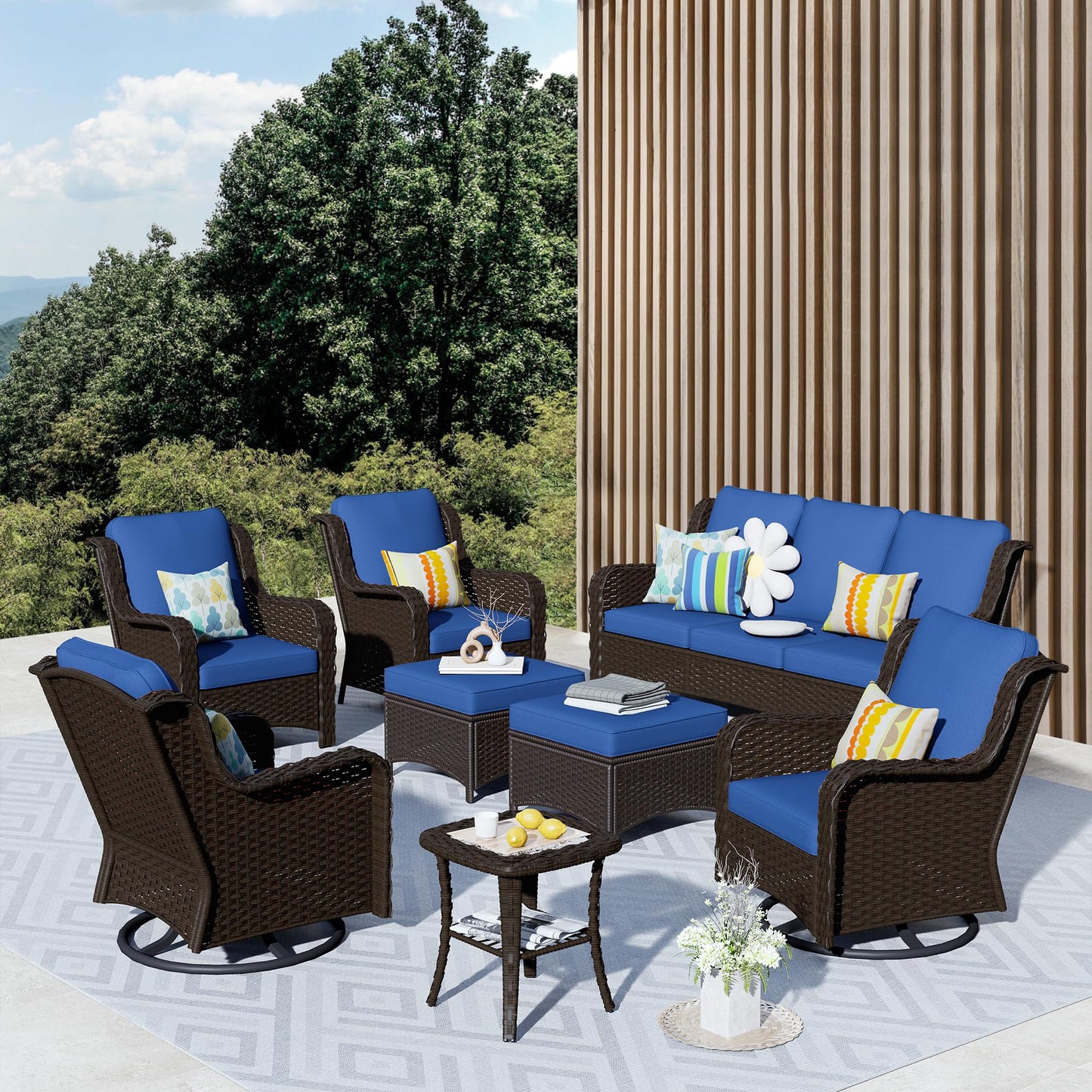 ovios Outdoor Furniture Patio Furniture Set 8 Pieces Swivel Rocking Chairs All Weather Rattan Wicker Patio Couch with Side Table,Ottomans,Chairs for Porch,Backyard,Deck,Brown Wicker Navy Blue - WoodArtSupply