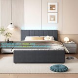 YOPTO Full Size Upholstered Platform Bed with Twin Size Trundle & USB Port,Linen Tufted Bed Frame W/Remote Control LED Light & Stripe Headboard,Wood Slats Support for Bedroom,Apartment,Dark Gray YOPTO