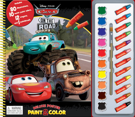 Disney/Pixar Cars on the Road Deluxe Poster Paint & Color - Coloring Book for kids, 80 illustrations, 10 watercolor paints, 12 crayons, 1 paint brush (Deluxe Poster and Paint) Phidal