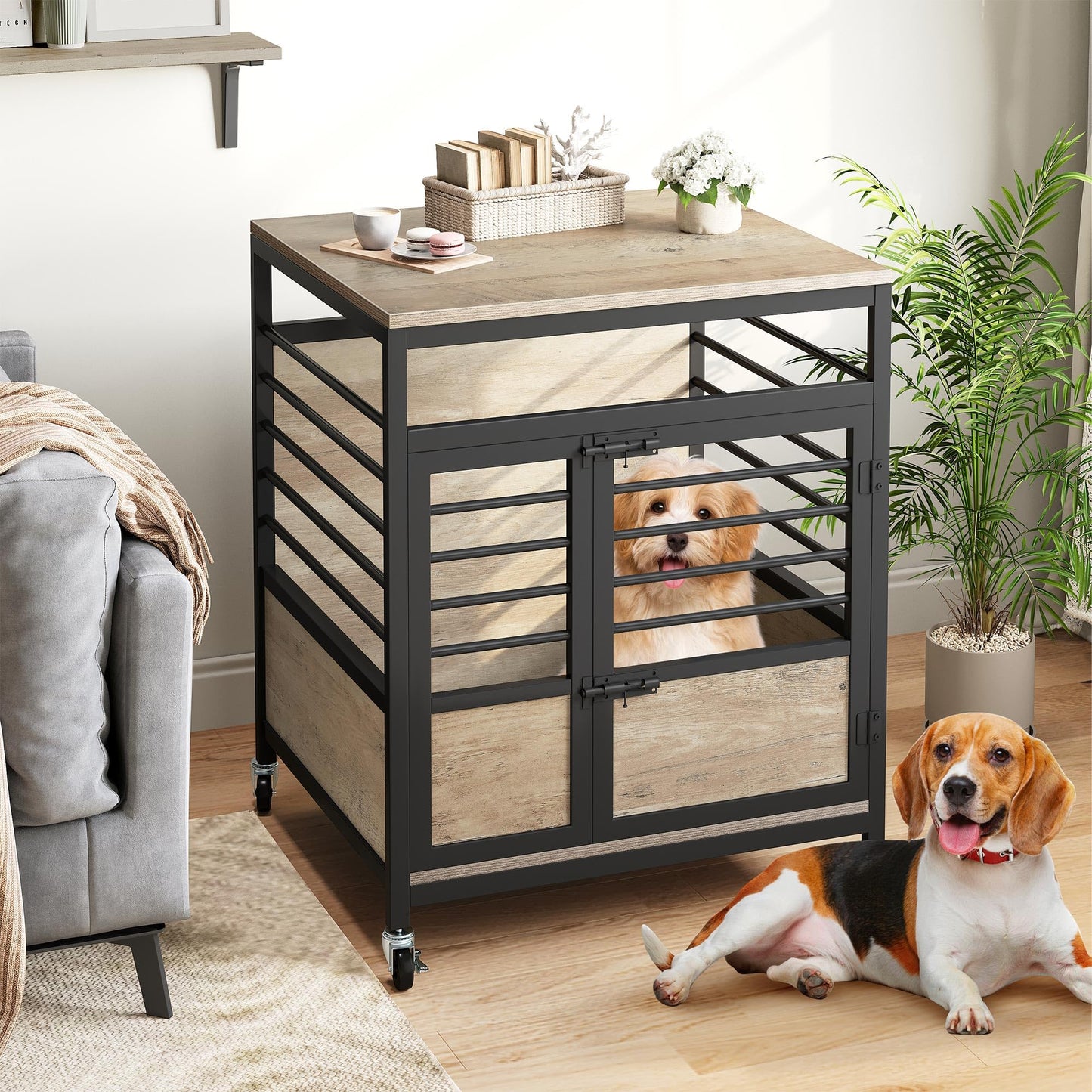 DWVO Dog Crate Furniture, 24 Inch Dog Kennel Indoor Furniture End Table Dog Crate for Dogs, Modern Decorative Dog Crate Wooden Dog Crate Furniture with Wheels, Chew-Resistant, Grey - WoodArtSupply