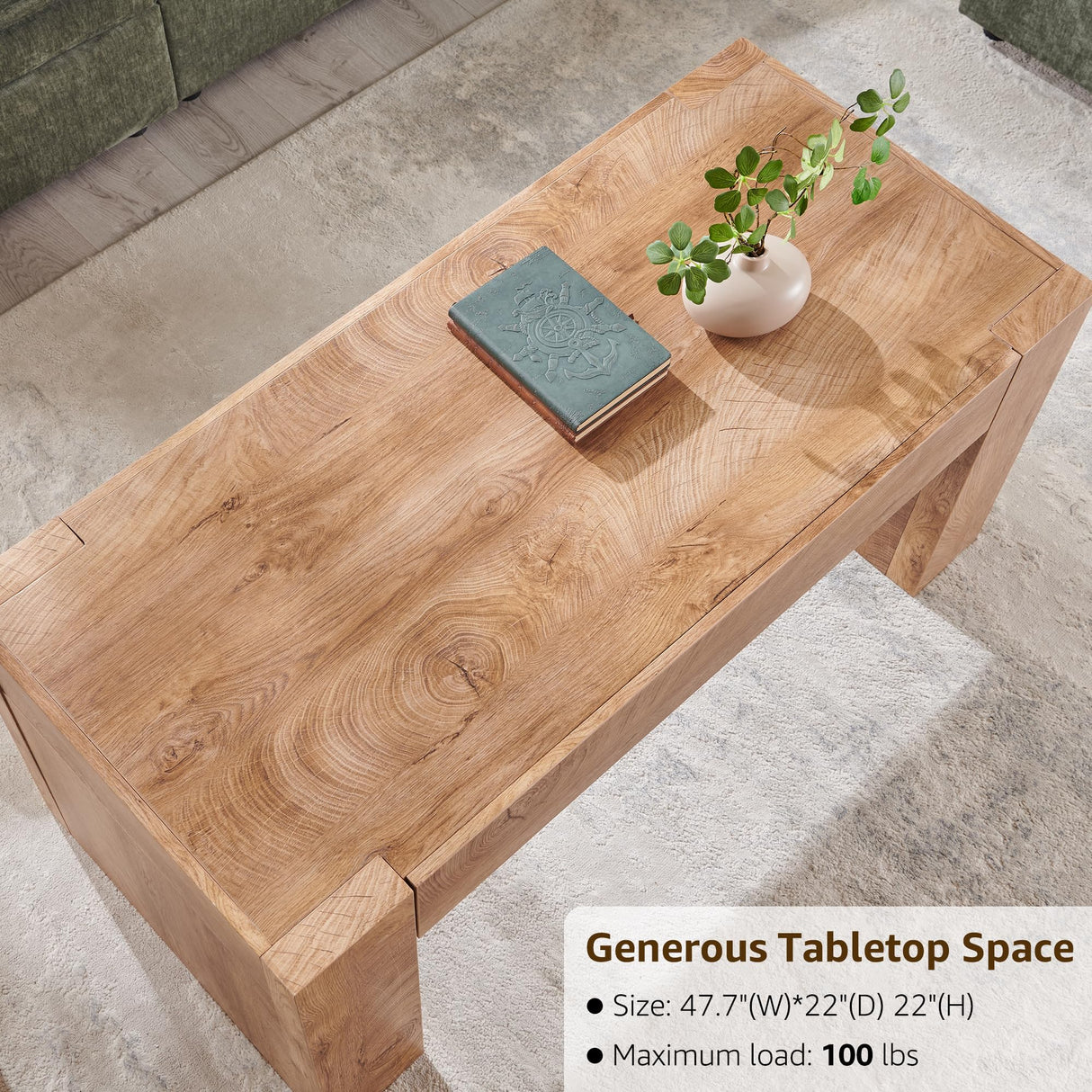 OKD 48" Modern Farmhouse Coffee Table, Wooden Living Room Table with Hidden Storage Drawer, Rustic Rectangular Center Tables w/Wood Thick Design for Living Room, Office, Light Knotty Wood OKD