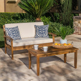 Christopher Knight Home Peyton Outdoor Acacia Wood Loveseat and Coffee Table Set with Water Resistant Cushions, Teak Finish / Beige Christopher Knight Home