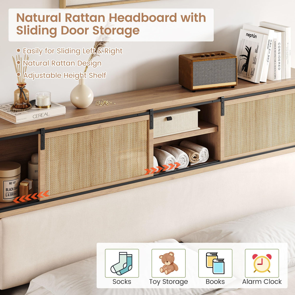 GarveeHome Rattan Bed Frame King with Shelves, Boho King Bed Frame with Shelf Headboard Sliding Door, Solid Wood Foundation with Silent Slats, No Box Spring Needed, Bohemian Wood GarveeHome