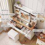 IRONCK Farmhouse Makeup Vanity Desk with Sliding Mirror and Lights,41" W Vanity Desk with Glass Tabletop&Charging Station &Drawers, Rustic Big Vanity Set for Bedroom, Stool Included, White/Walnut IRONCK
