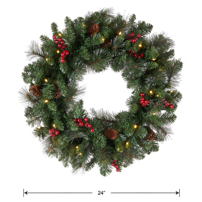 National Tree Company Pre-Lit Artificial Christmas Wreath, Green, Crestwood Spruce, White Lights, Decorated with Pine Cones, Berry Clusters, Frosted Branches, Christmas Collection, 24 Inches