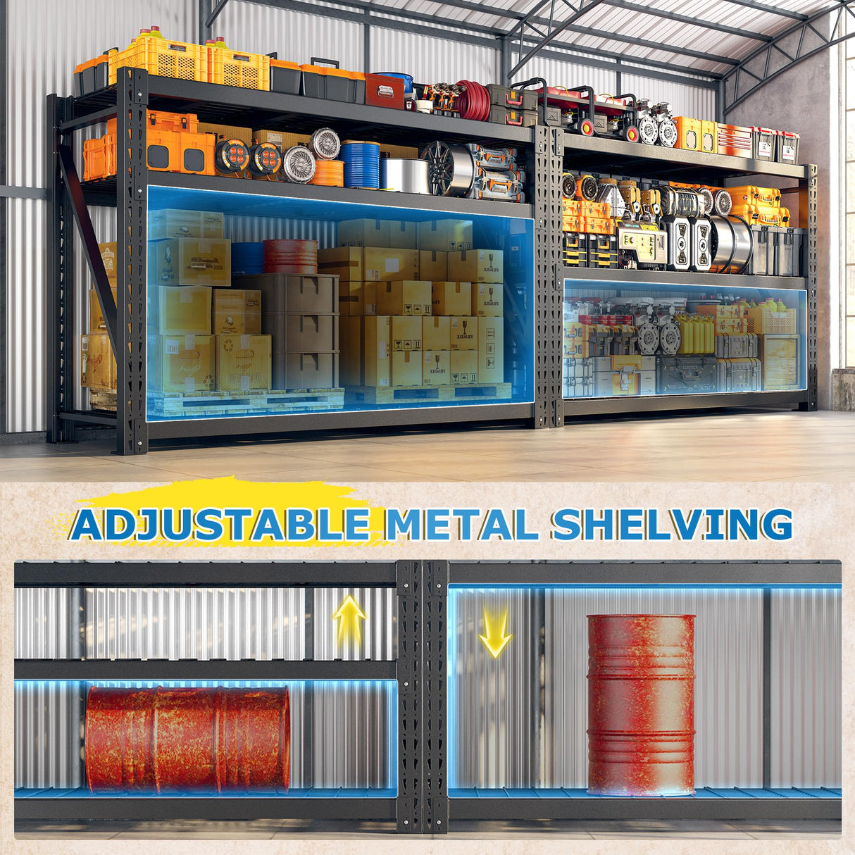 Bepatio 8250LBS Garage Shelving Heavy Duty Storage Shelves Industrial Metal Shelving Adjustable 3-Tier Shelves for Garage, Warehouse Basement 24" D × 60" W × 66" H Bepatio