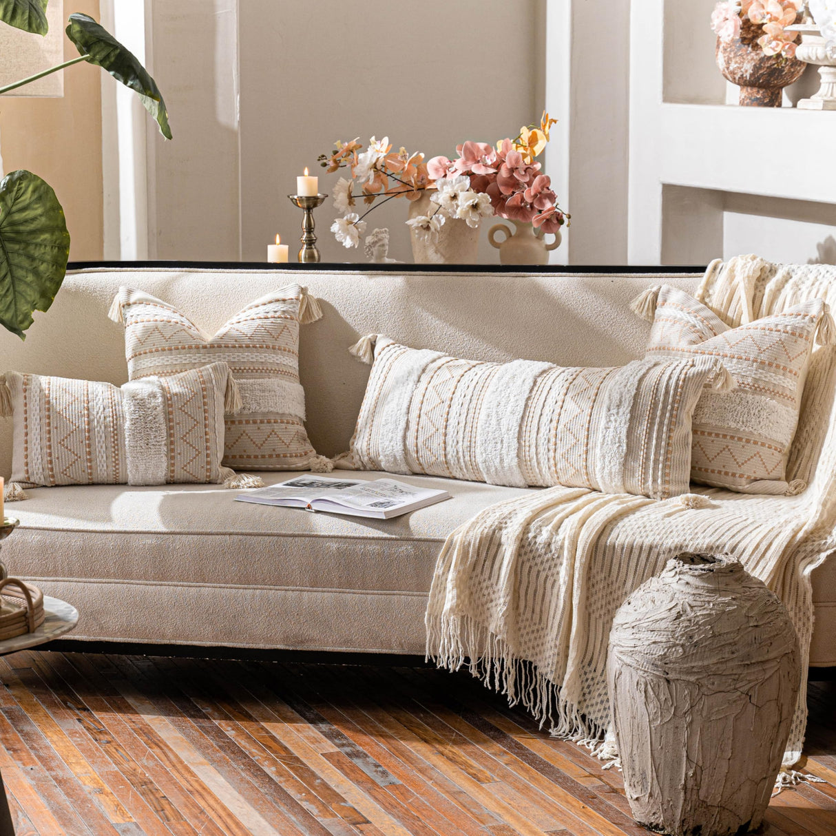 BlissBlush Cream Decorative Lumbar Throw Pillow Cover 14x36 Boho Long Cushion for Bed Neutral Accent Farmhouse Pillowcase for Bedroom Living Room Couch Sofa Home Décor (Cover ONLY, Pack of 1) BlissBlush