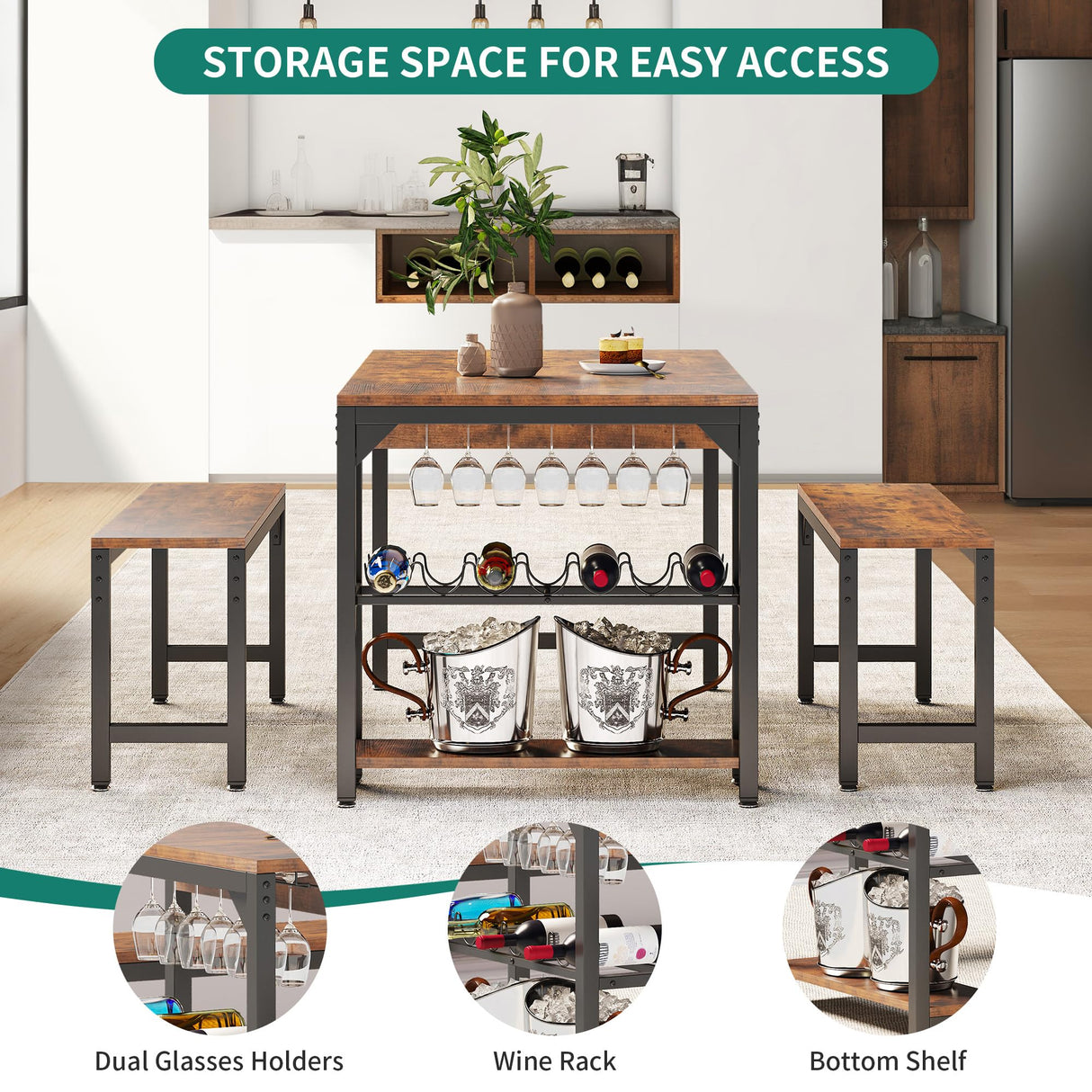 YITAHOME 63" 3 Piece Kitchen Dining Room Table Set for 4 w Bench & Storage, Farmhouse Rectangle Dinette Sets w Wine & Glass Holder 4 Seater, Space Saving for Apartment Dinner Breakfast, Rustic Brown YITAHOME
