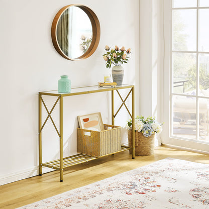 Tajsoon Entryway Table, 2-Tier Entry Way Console Entrance Table, 41.7”L Narrow Sofa Table with Shelves, Ideal for Hallway, Entryway, Living Room, Foyer, Corridor, and Office (Gold & White) - WoodArtSupply