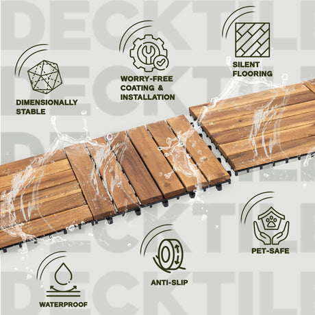 VICTORY RELAX Acacia Wood Decking Tiles 9PCS - Easy Snap Interlocking Deck Tiles for Patio Poolside Balcony Decor - All Weather Waterproof Flooring for Indoor & Outdoor (Round Joints) VICTORY RELAX