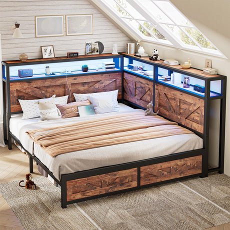 CIKUNASI Corner Queen Size Bed Frame with Headboard and Storage Bookcase Large Capacity Farmhouse Bed Frame with LED Lights and Charging Station for Kids Corner Storage Bed CIKUNASI