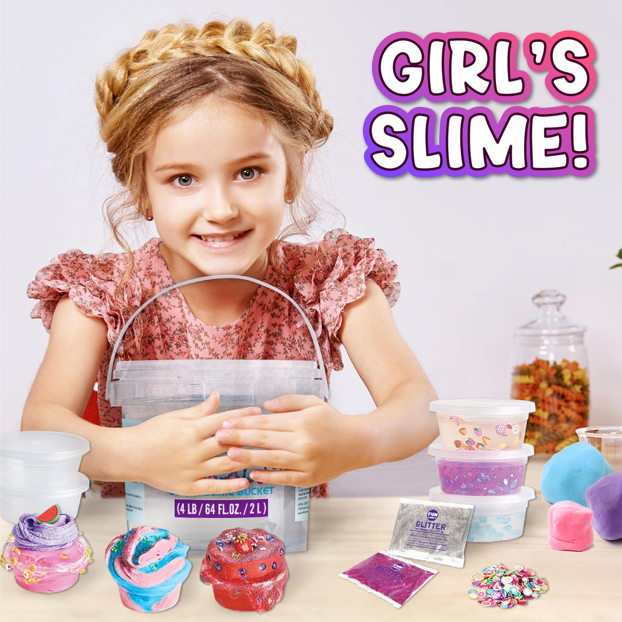 4 LB Huge Glassy Clear Slime Bucket Toy for Kids, FunKidz 64 FL OZ Premade Big Crystal Slime Pack Gift with 29 Sets Add-ins Jumbo Slime Kit for Girls Boys Party Present FUN KIDZ