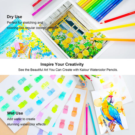 KALOUR 72-Color Professional Watercolor Pencils Set with Brush and Water Brush Pen, Hexagonal Shape, Blendable Wet or Dry, Water-Soluble Colored Pencils for Artists and Beginners KALOUR