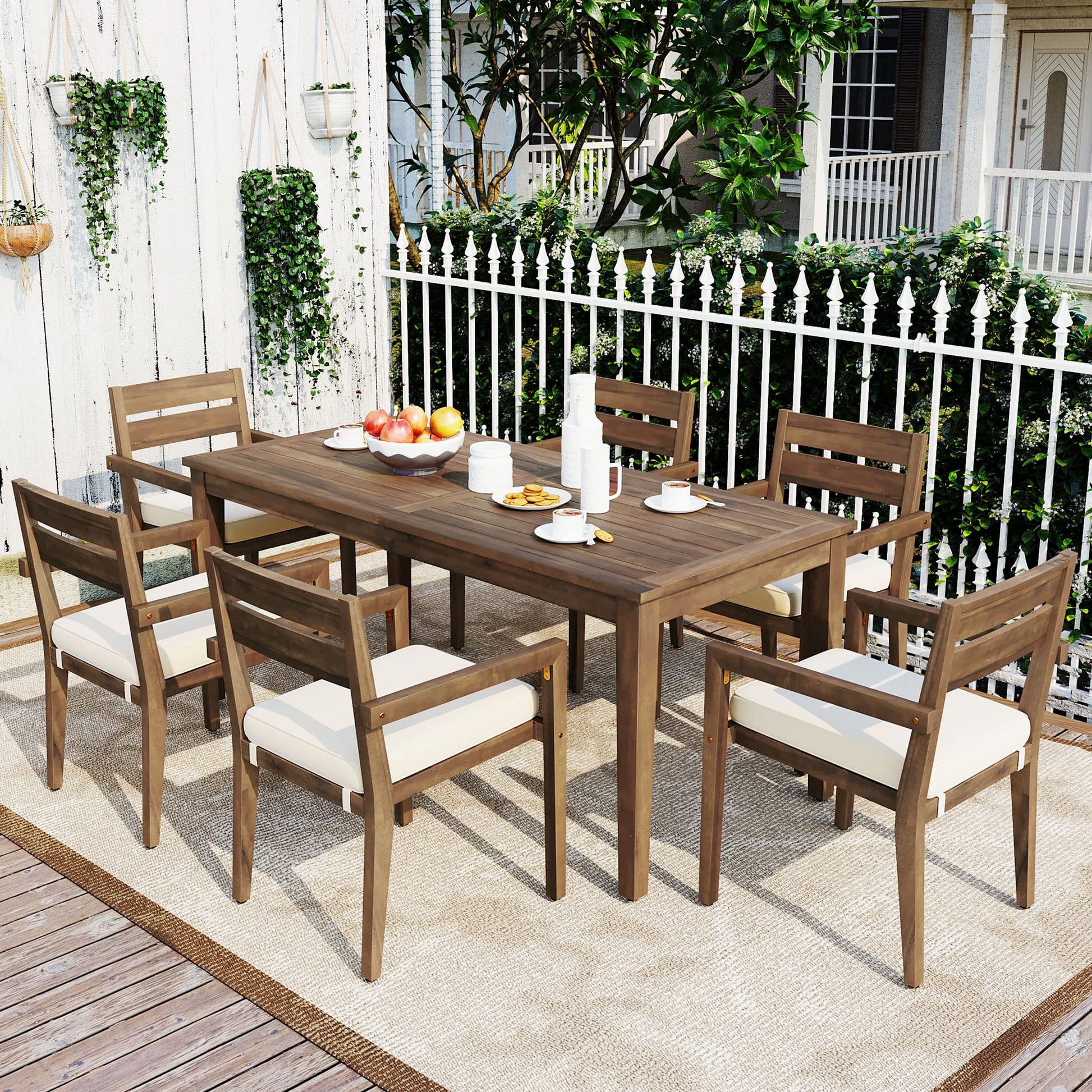 Quarte Farmhouse 7 Piece Acacia Wood Outdoor Dining Table Set with 1 Rectangular Table and 6 Upholstered Chairs,for Patio Lawn Garden Backyard Balcony (Burly Wood&H) - WoodArtSupply