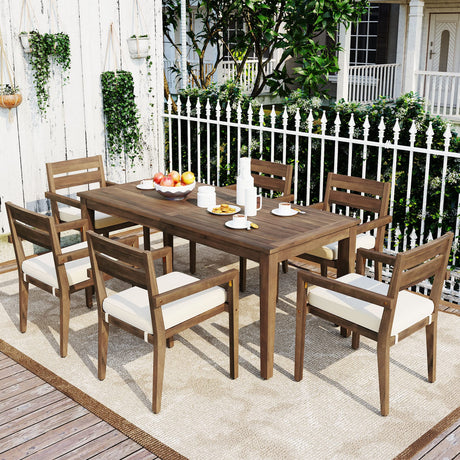 Quarte Farmhouse 7 Piece Acacia Wood Outdoor Dining Table Set with 1 Rectangular Table and 6 Upholstered Chairs,for Patio Lawn Garden Backyard Balcony (Burly Wood&H) Quarte