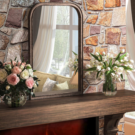 Acovy 20"x30" Solid Wood Bathroom Mirror Arch Tempered Glass for Wall Mounted, Rustic Wood Frame Wall Mirror Decorative for Living Room Bedroom Vanity Mirror Entryway Mirror, Rustic Brown Acovy