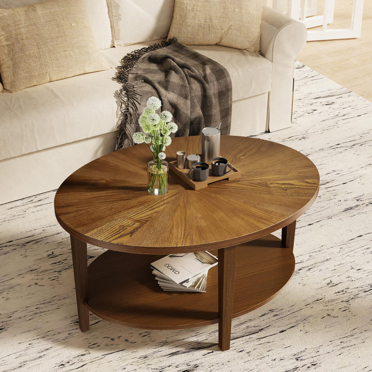 BRRITLE Solid Wood Oval Coffee Table for Living Room, 2 Tier Oval Rustic Coffee Table with Storage Shelf, Double Layer Center Table for Living Room, Easy Assembly Brown BRRITLE