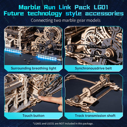 ROBOTIME 3D Wooden Puzzles for Adults Marble Run Link Pack LG01 - Marble Spaceport LGC01 + Marble Night City LGA01 Connector Kit