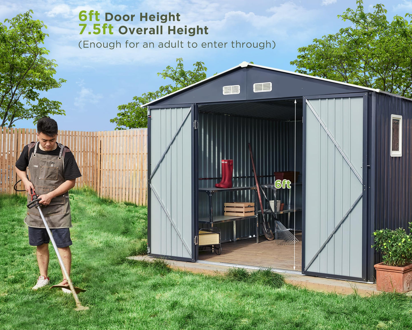 VanAcc 10x12x7.5 FT Outdoor Storage Shed, Galvanized Steel Metal Garden Sheds with 2 Light Transmitting Window and Double Lockable Door, Oversized Tool Sheds for Backyard Patio Dark Grey/Whit - WoodArtSupply