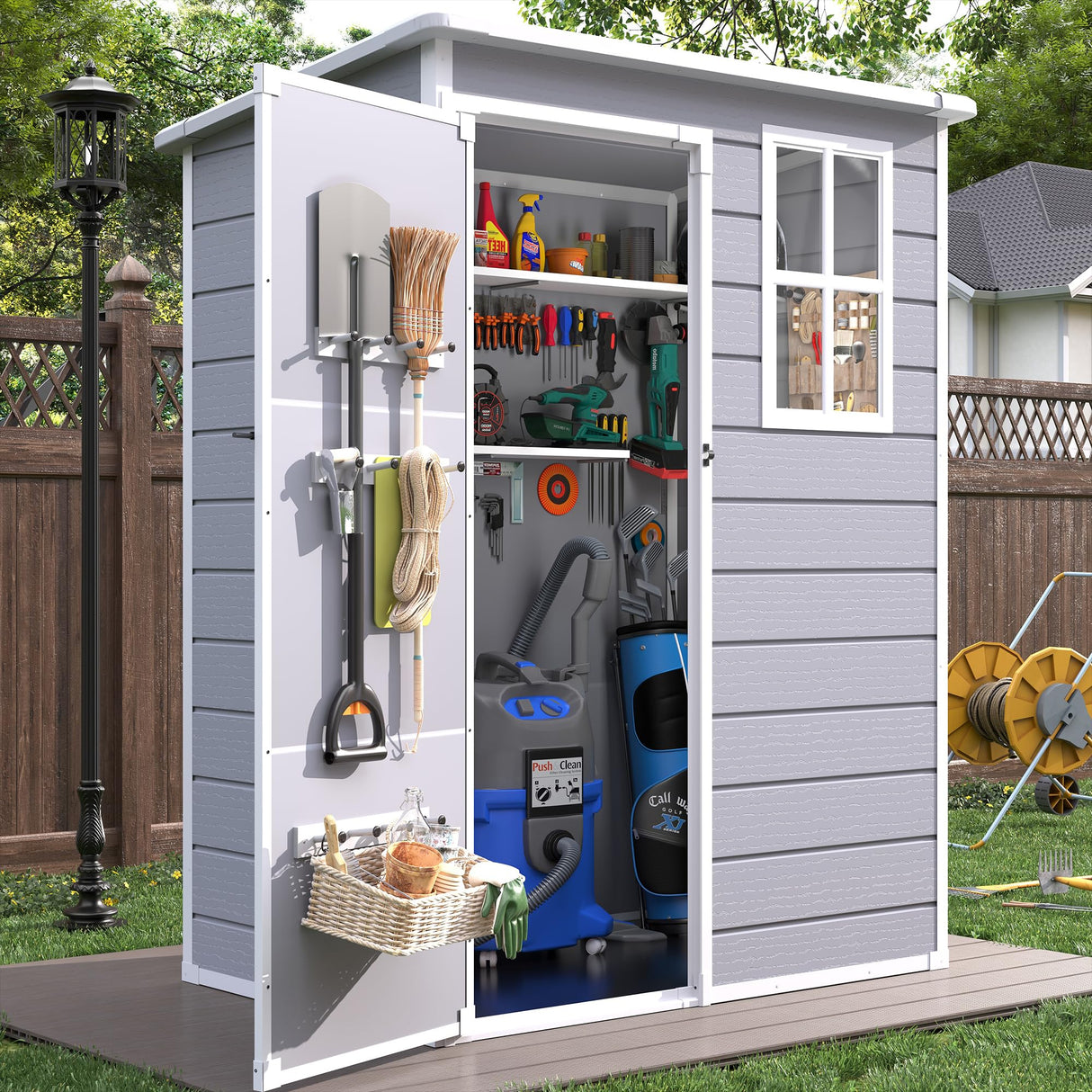 VONZOY Outdoor Resin Storage Shed, 5x3FT Plastic Storage Sheds with Floor, Lockable Door, Window, Waterproof Tool Sheds & Outdoor Storage Outside for Bike, Garbage Can,Garden, Grey White VONZOY