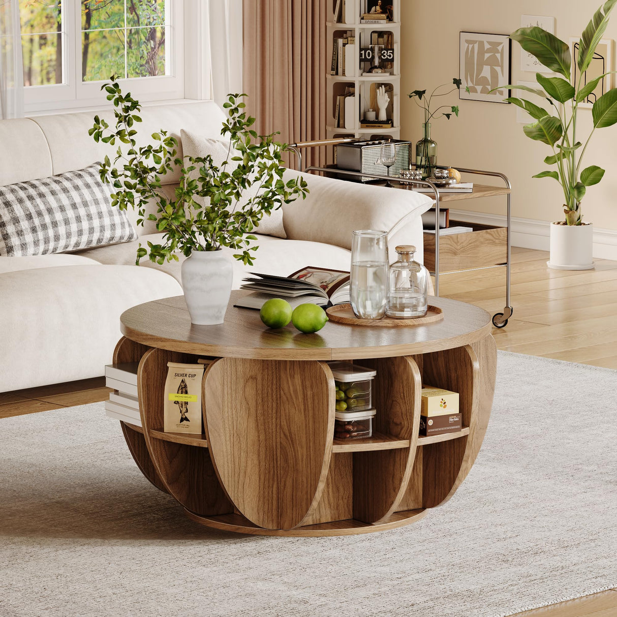 32.7" Lift Top Coffee Table with Storage, Wood Round Center Table with Hidden Storage Compartment & Shelves, Mid Century Modern Coffee Tables for Living Room Rustic Accent Small Center Table TOKSOM