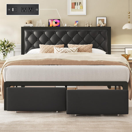 Fluest Queen Bed Frame with 2 Storage Drawers, Upholstered Headboard Button Tufted Bed Frame with Charging Station, No Box Spring Needed, Noise-Free, All Metal Structure, Black Fluest