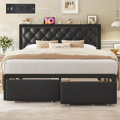Fluest Queen Bed Frame with 2 Storage Drawers, Upholstered Headboard Button Tufted Bed Frame with Charging Station, No Box Spring Needed, Noise-Free, All Metal Structure, Black