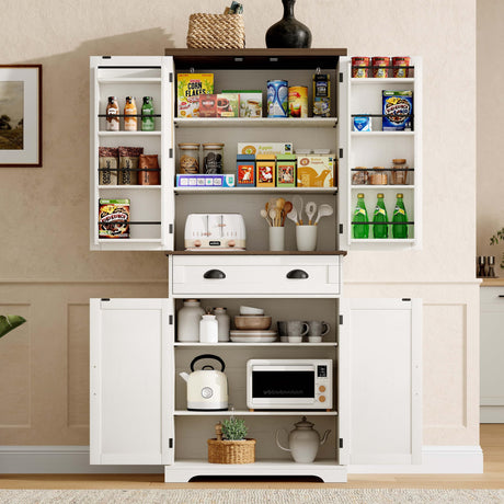 ChooChoo Farmhouse Kitchen Pantry Cabinet with Drawer, Tall Storage Cabinet with Door Shelves and Adjustable Shelves, Freestanding Cupboard for Kitchen, Dining Room, Antique White & Brown ChooChoo