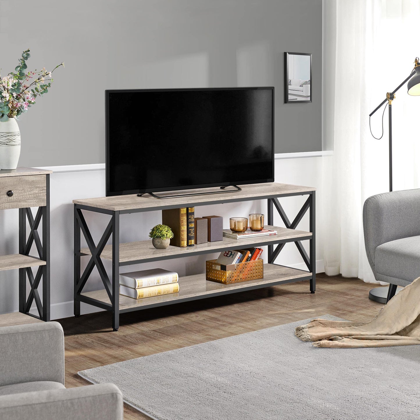 Yaheetech TV Stand for 65 Inch TV with Storage for Living Room, Industrial Entertainment Center TV Console Table with 3 Shelves, Sturdy Wooden TV Table with Metal Frame, 55 x 16 x 24.5'', Gray