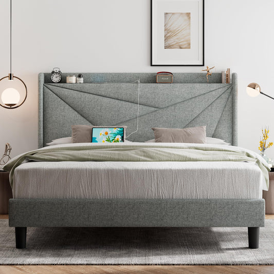 Feonase Light Gray Upholstered Queen Bed Frame with Wingback Headboard and USB Charging Ports - WoodArtSupply