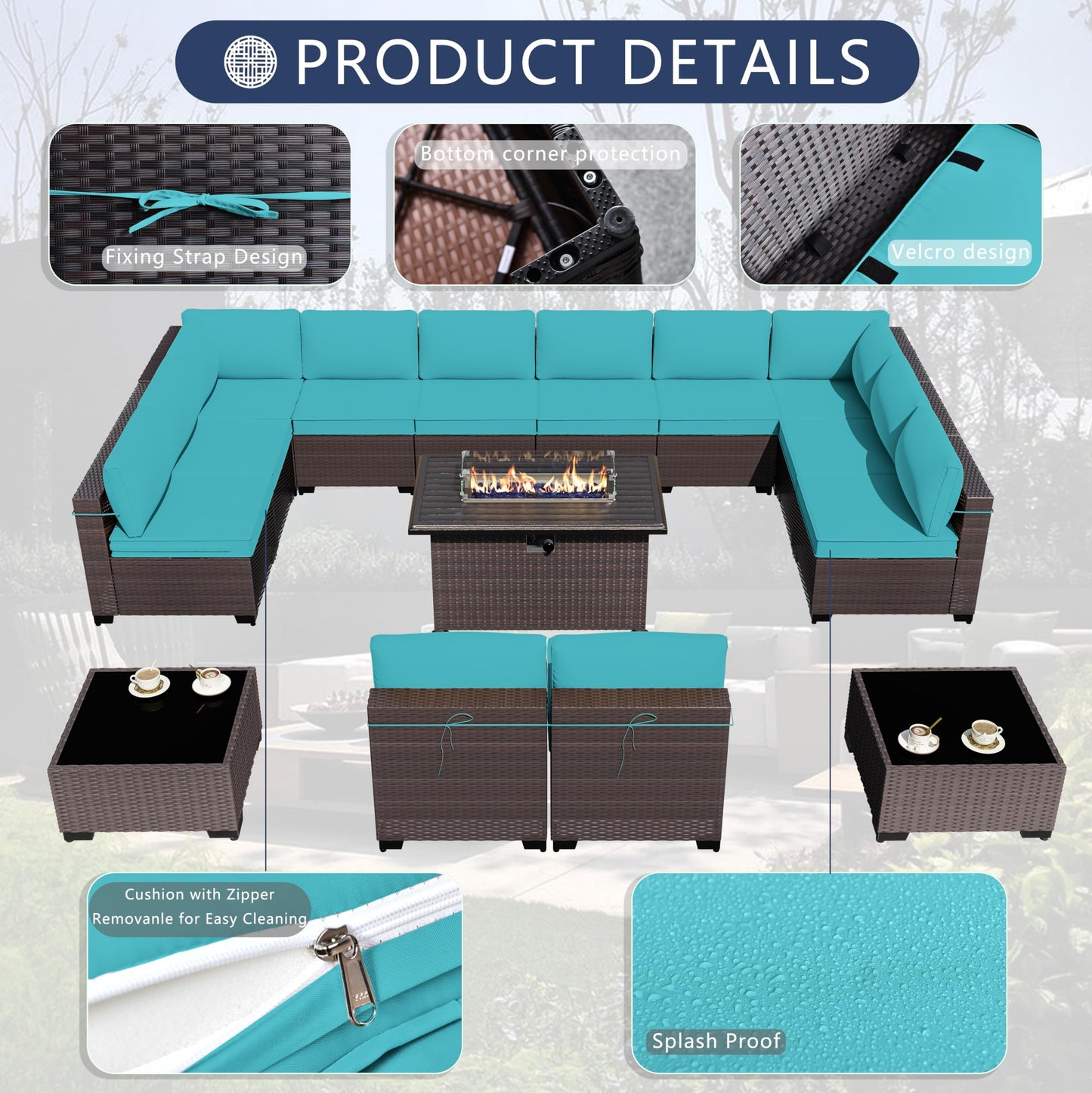 ASJMR Outdoor Patio Furniture Set with Gas Fire Pit Table, 15 Pieces Outdoor Furniture Set Patio Sectional Sofa w/43in Propane Fire Pit, PE Wicker Rattan Patio Conversation Sets (Teal)