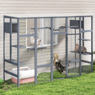 Catio Outdoor Cat Enclosure Window, 104" L Large Wooden Outdoor Cat House Cage Condo Playpen for Multiple Cats, Weatherpoof Cover for Indoor Cats, Grey