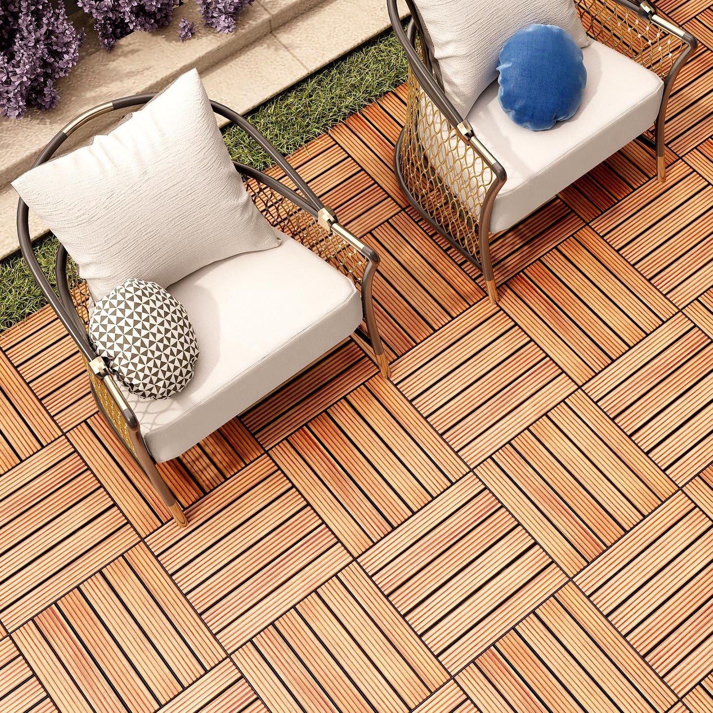 Deck Tiles with Grooves Decrease Skidding (Pack of 10, 12"x12") Solid Acacia Wooden Deck Tiles, Interlocking Patio Tiles - Oiled Finish Waterproof All Weather Perfect for Indoor Outdoor